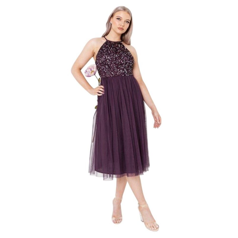 Maya Deluxe Womens/Ladies Sequin Midi Dress / Berry